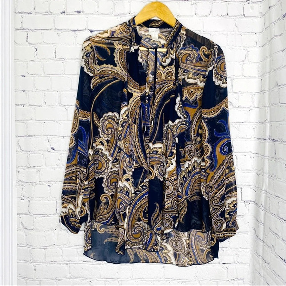 Chico's Blue Brown Paisley Expressions Drama Top Blouse Size Small - Picture 14 of 14